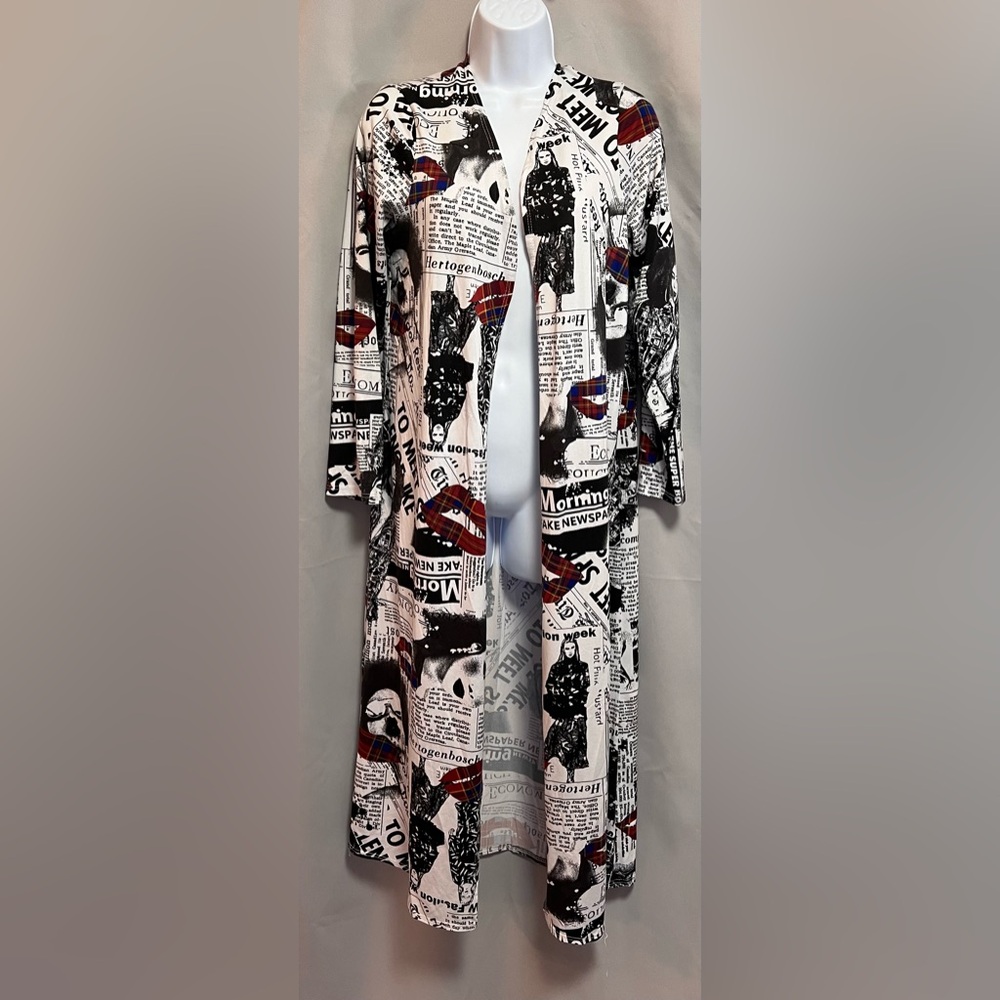 Vintage Urban Logo Women's Newsprint Long Cardigan Duster Sz m/l  sol cool!